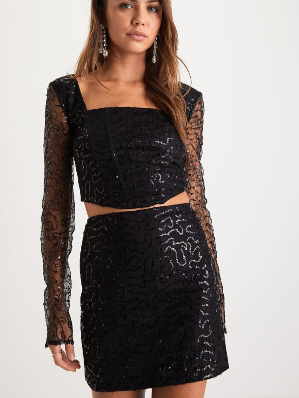 Lulus | Flirty Black Sequin Mesh Bustier Two-piece Mini Dress - Size M